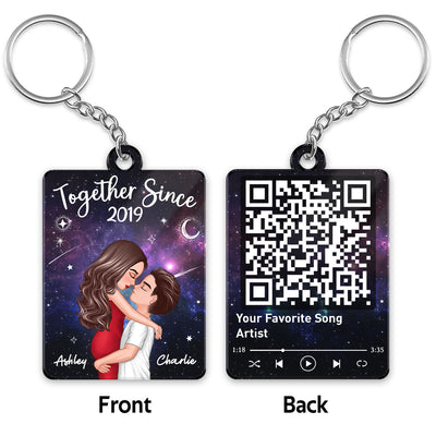 Doll Couple Hugging Kissing In Galaxy Night Favorite Song Scannable QR Code Personalized Acrylic Keychain