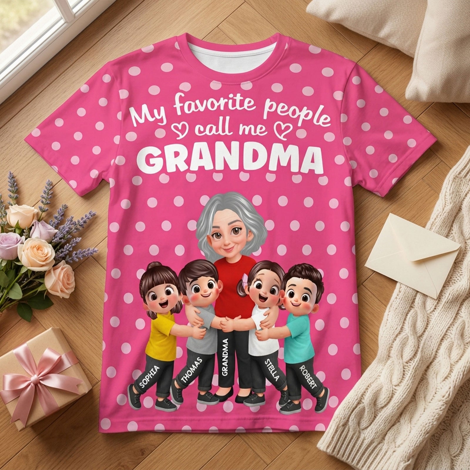 Grandma Grandkids Hugging Polka Dot Pattern - Personalized Shirt - Gift For Grandma, Mom