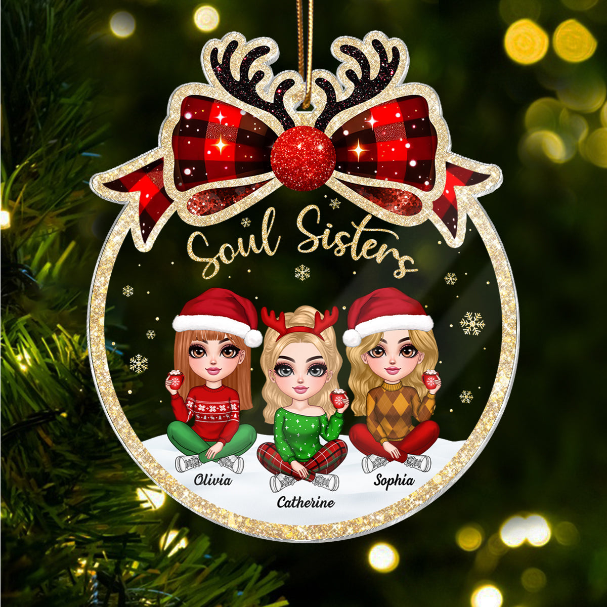 Lovely Besties Christmas Bow Personalized Acrylic Ornament, Christmas Gift For Best Friends