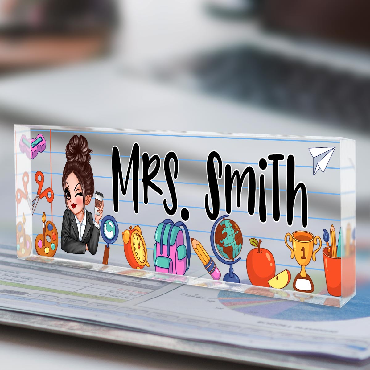 Beautiful Teacher School Things Personalized Acrylic Desk Name Plate, Gift For Teacher, Office Decor