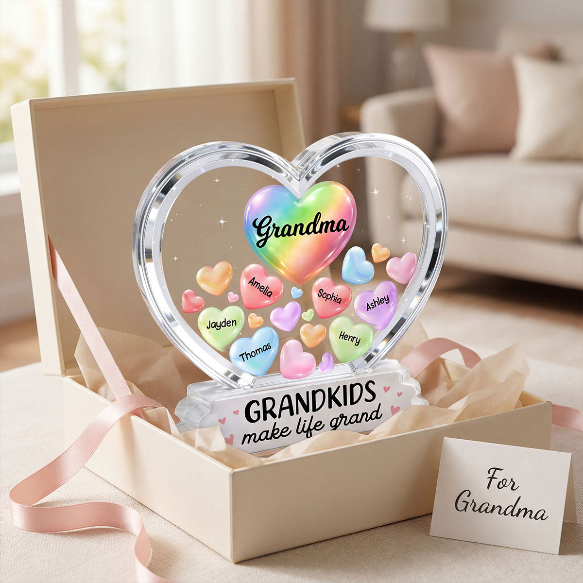 Grandma's Sweethearts In Heart 2D Flat - Personalized Acrylic Block Plaque - Heartfelt Mother's Day Gift For Grandma