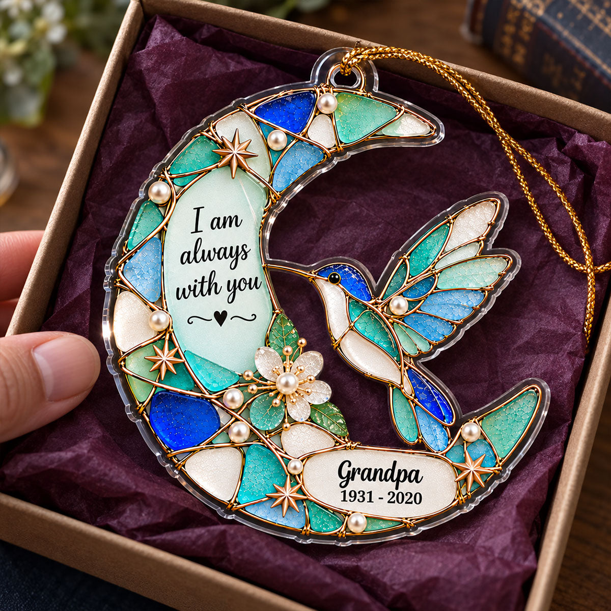 Always With You Moon & Cardinal Hummingbird Butterfly Symbol 2D Flat Printed - Personalized Acrylic Ornament - Memorial Sympathy Gift, Christmas Remembrance Keepsake