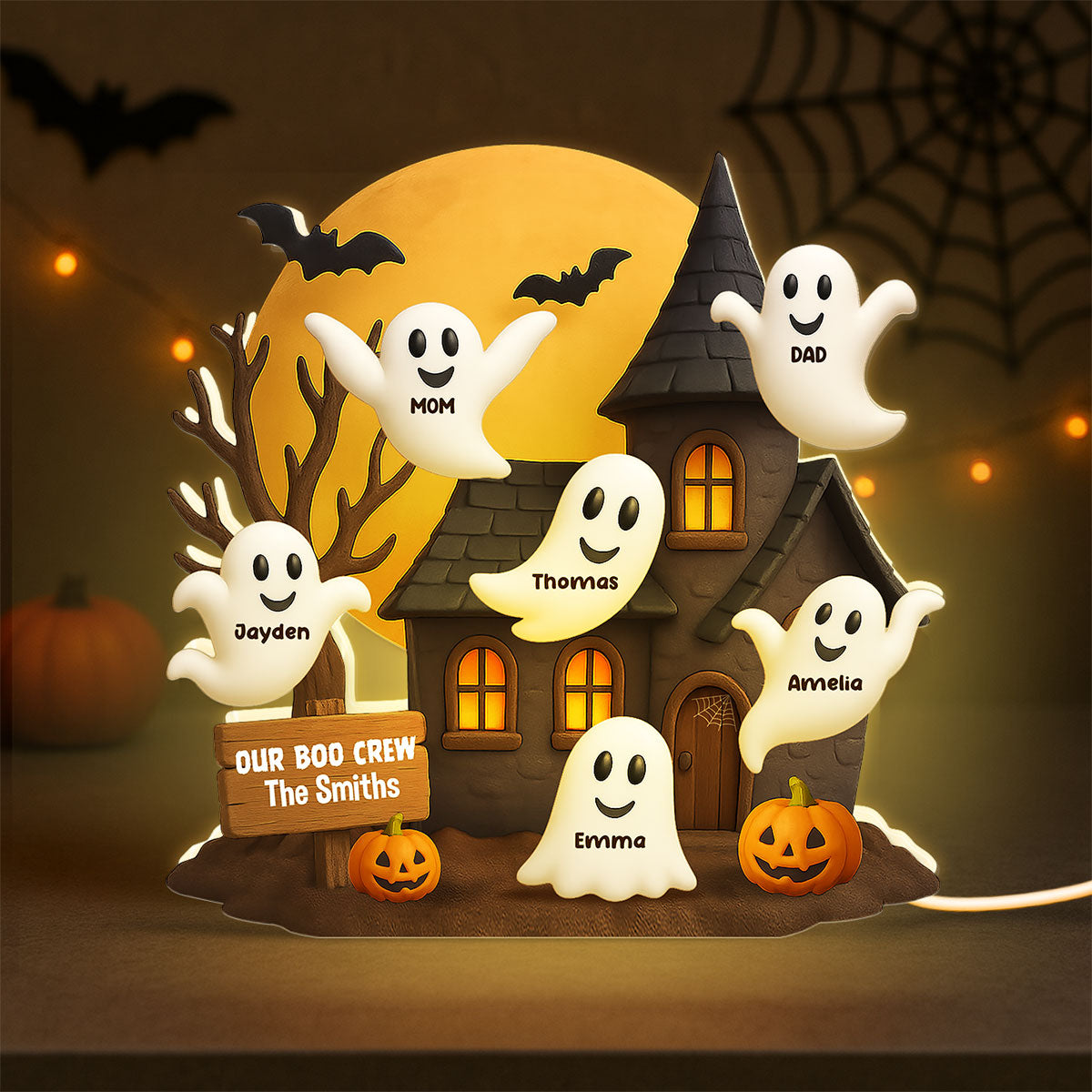 Halloween Boo Family Haunted House Personalized Light Box, Halloween Home Tabletop, Tiered Tray, Shelf Sitter Decoration
