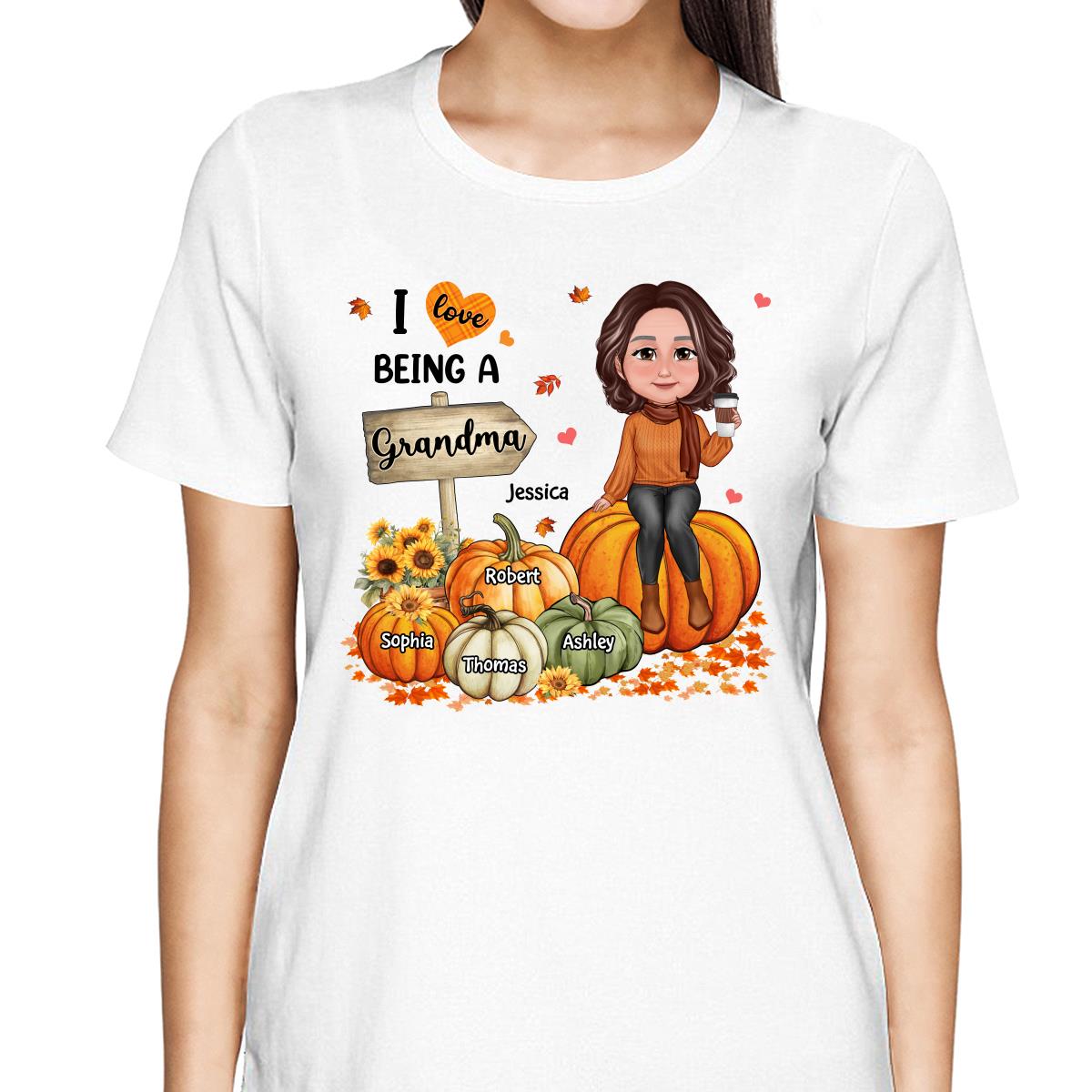 Love Being A Grandma Fall Season Sitting On Pumpkins Personalized Shirt