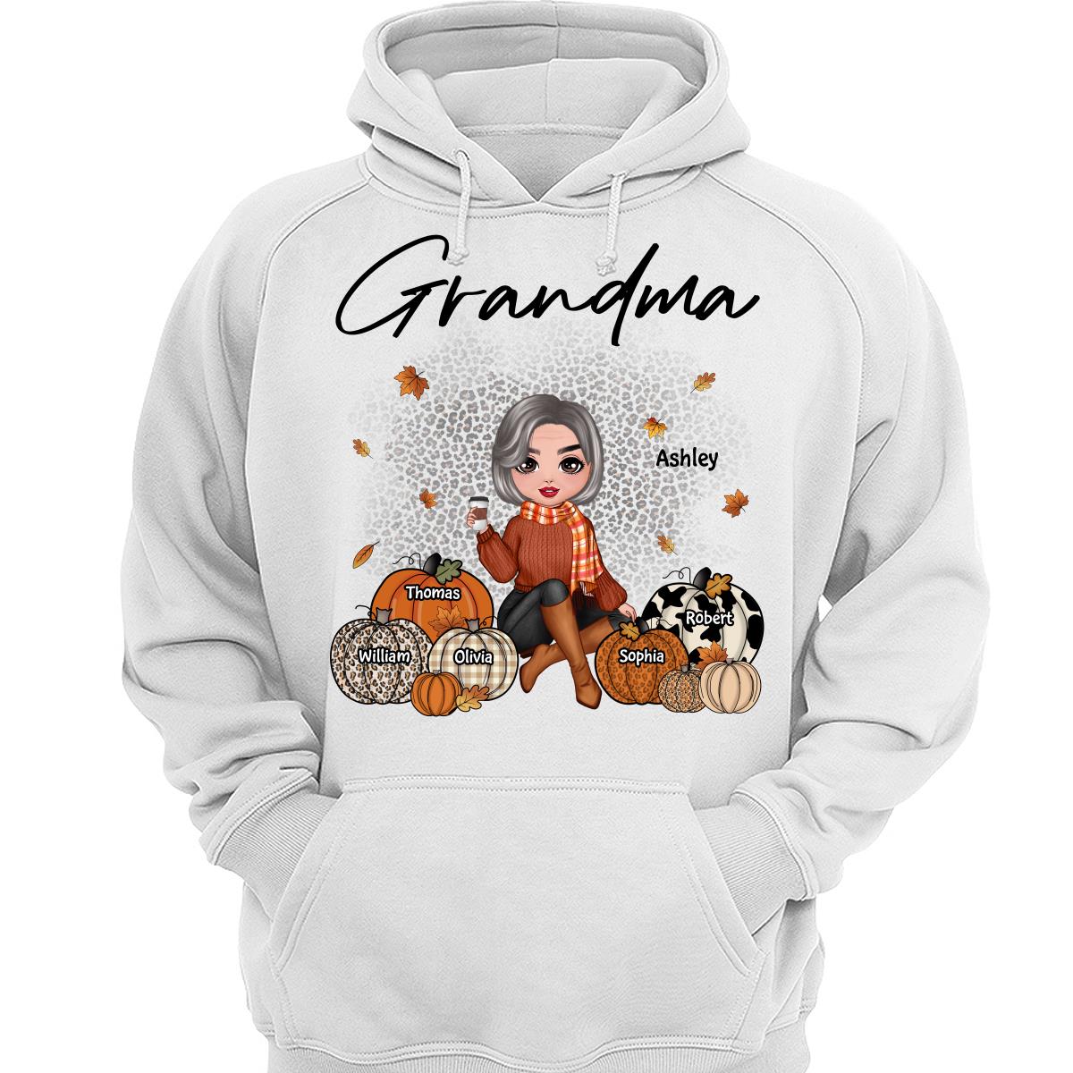 Fall Season Doll Grandma Sitting With Patterned Pumpkins Kids Names Personalized Shirt