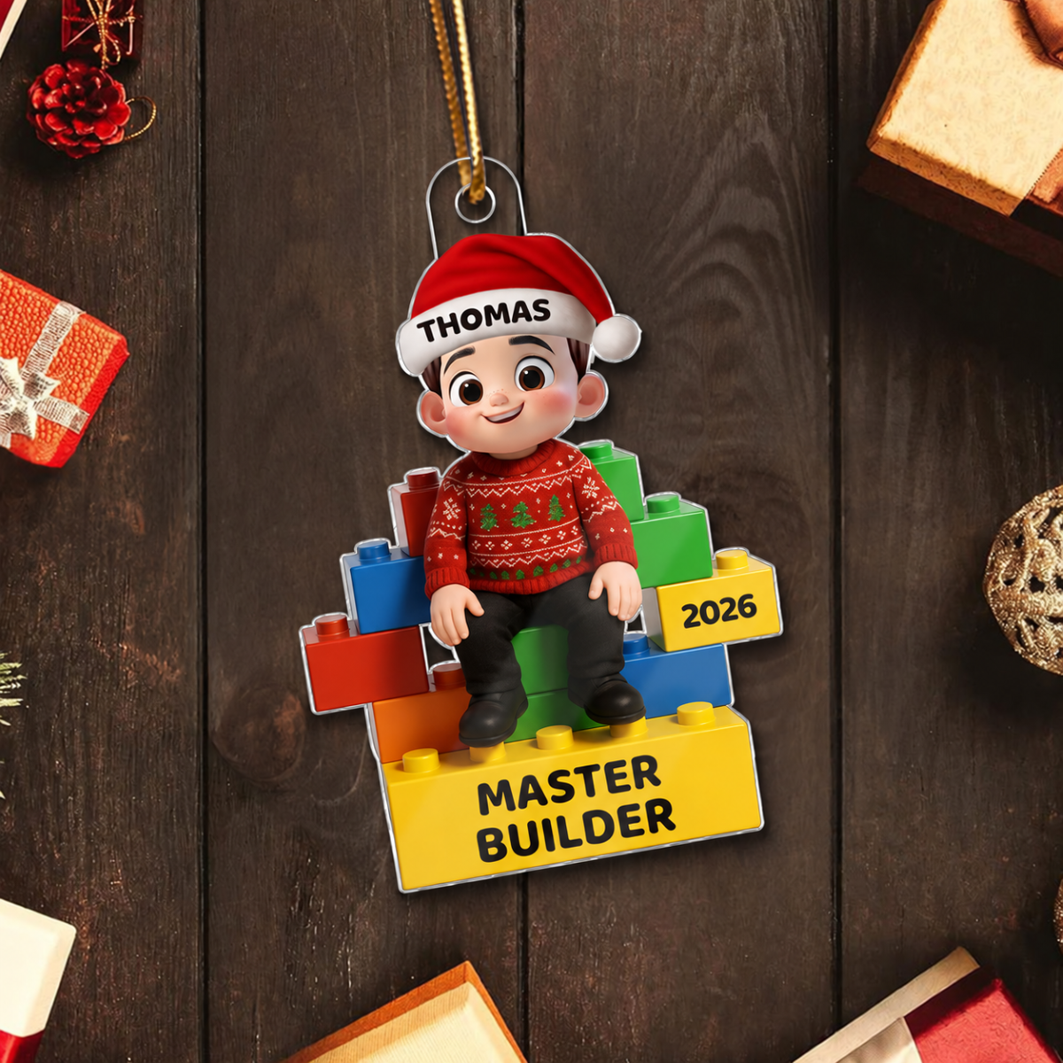 Little Kid Master Builder - Personalized Acrylic Ornament - Christmas Gift For Kids, Son, Grandson, Daughter, Granddaughter