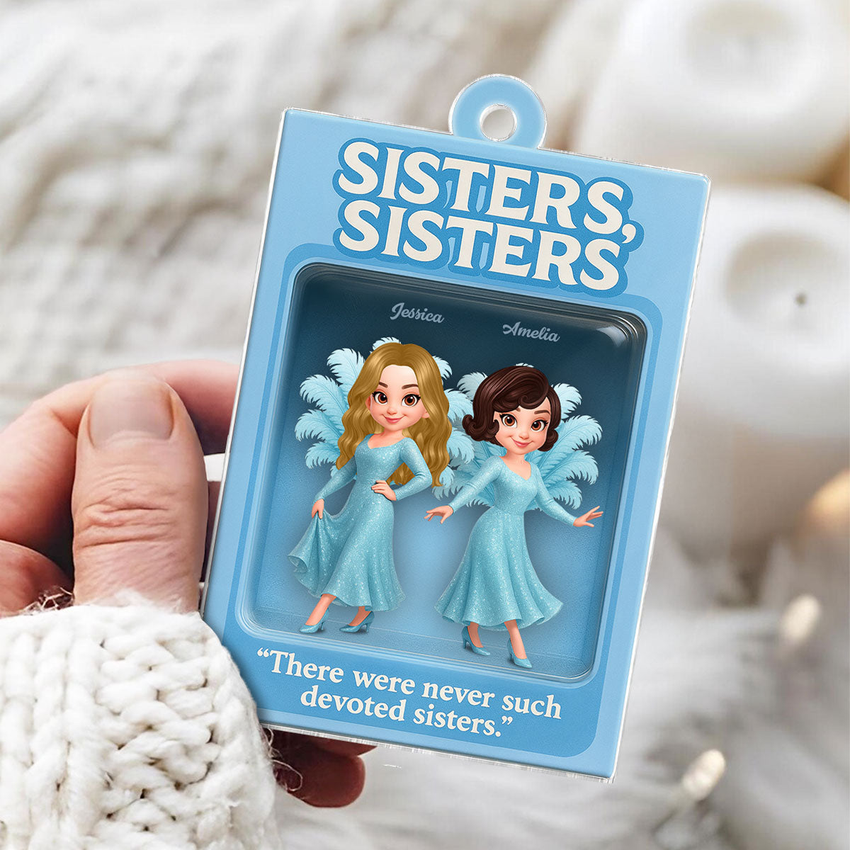 3D Effect Blue Dress Sisters Besties Inside Toy Box Personalized Acrylic Ornament