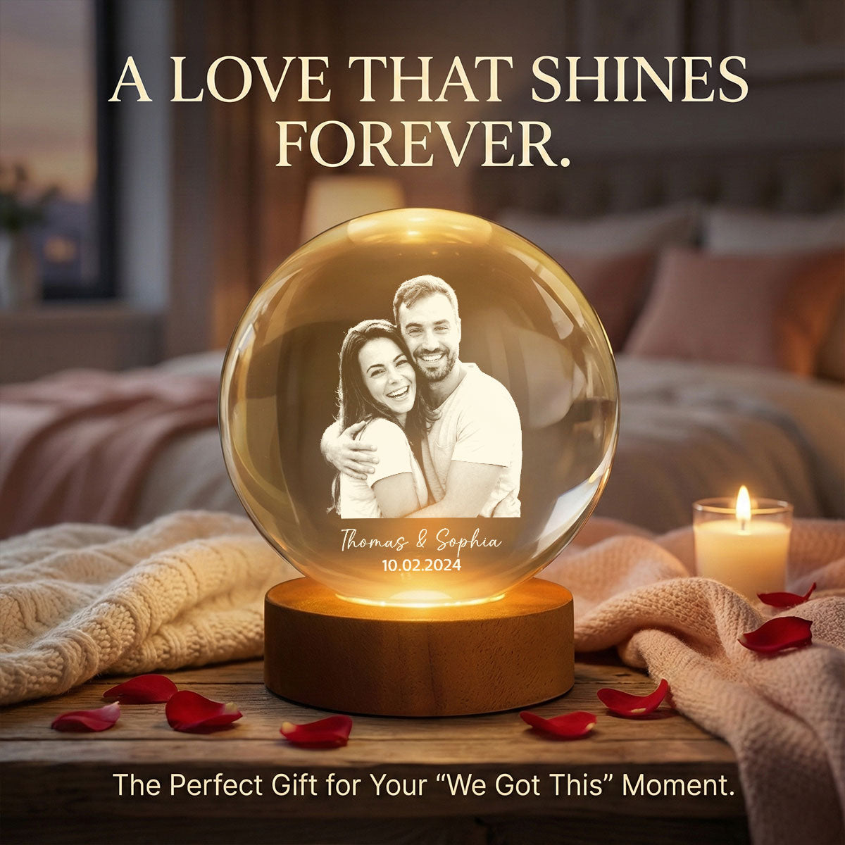 Eternal Love Custom Couple Photo - Personalized Crystal Ball LED Night Light - Valentine's Day Gift For Couple, For Him, For Her