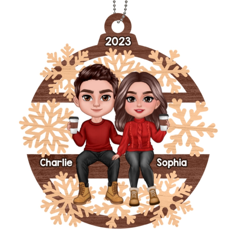 Snow Flake Christmas Couple Sitting Personalized Wooden Ornament