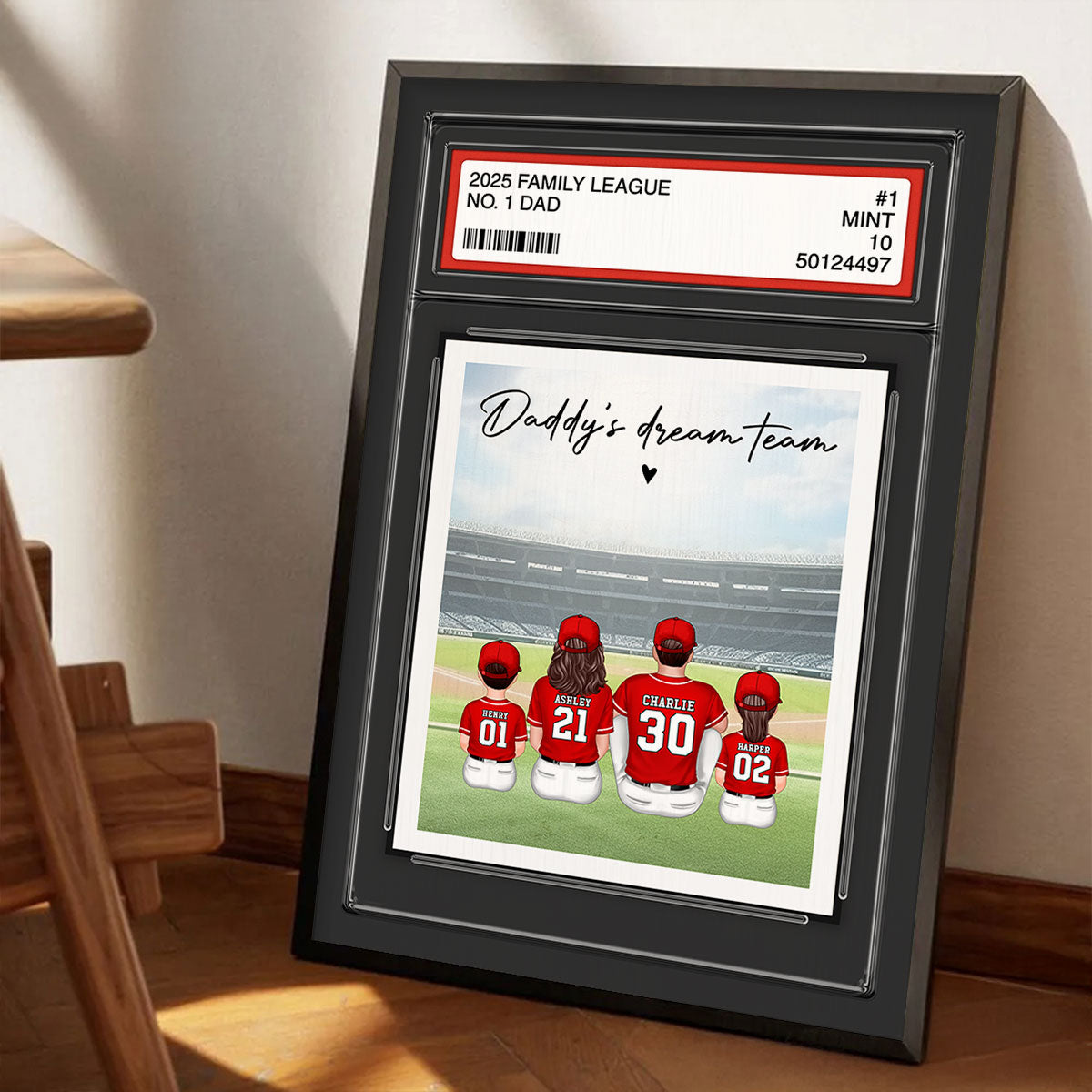 Baseball No. 1 Dad Man & Kids Sitting Trading Card Style Personalized Poster