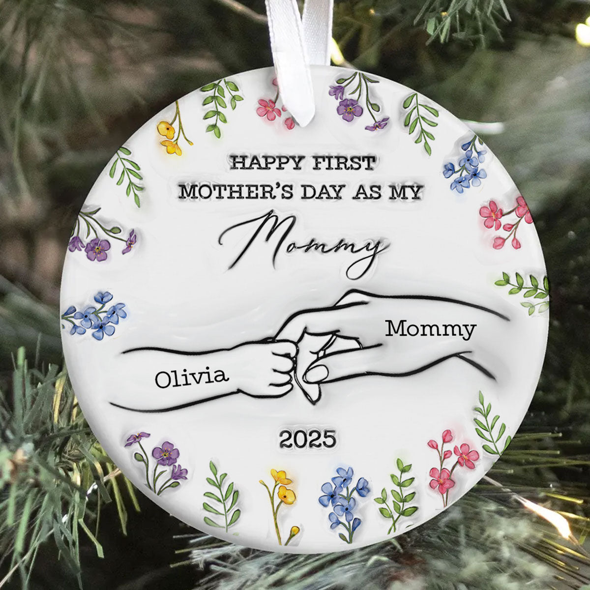 3D Inflated Effect Happy First Mother's Day Hand Outline Personalized Circle Ceramic Ornament