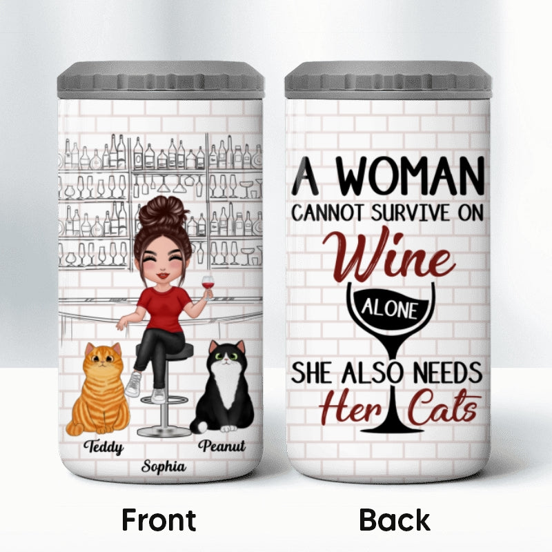 Cat Mom Cannot Survive On Wine Alone Wine Bar Multi Use Tumbler - Personalized 4 In 1 Can Cooler - Gift For Cat Moms