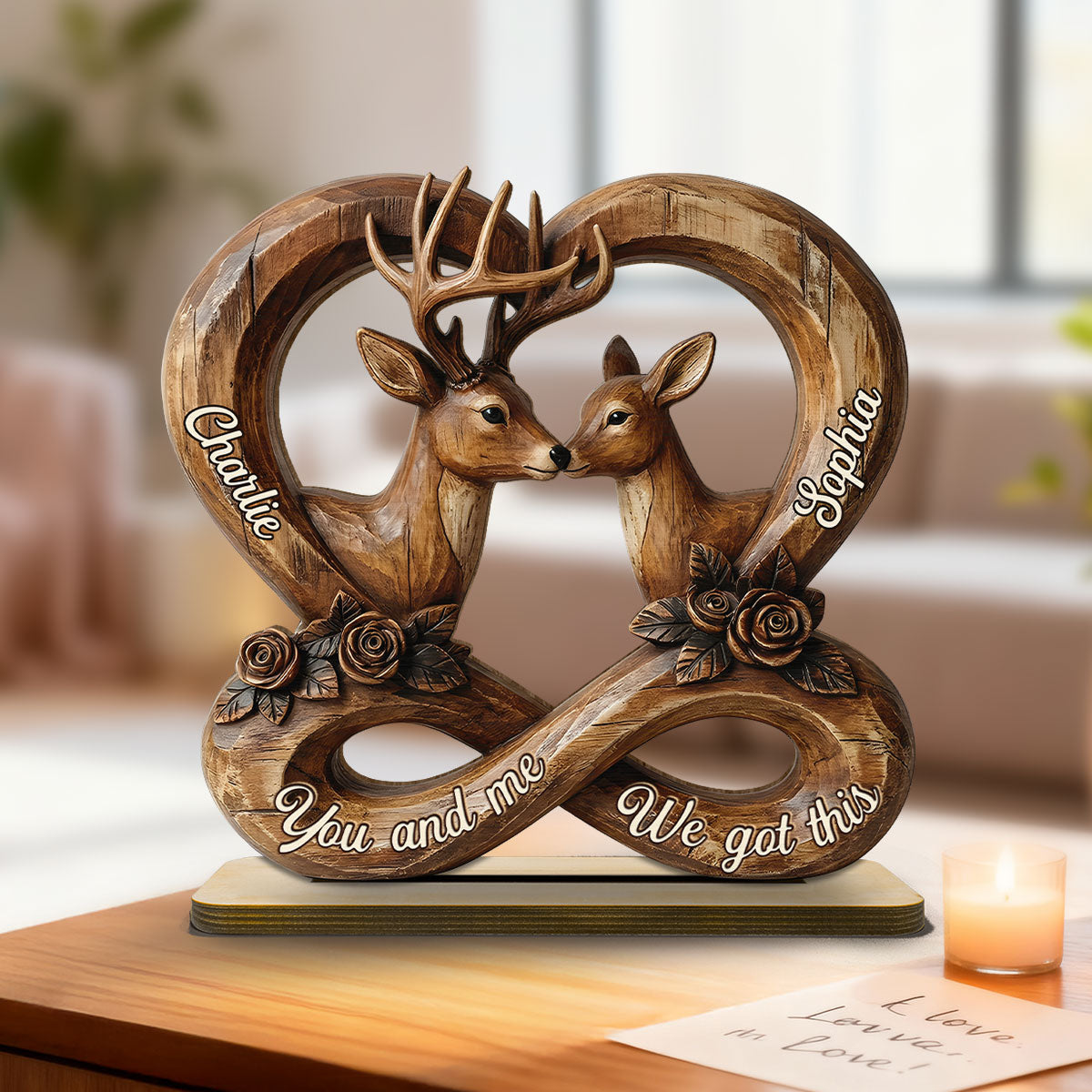 3D Effect Deer Couple Eternal Love - Personalized 2-Layer Wooden Plaque - Gift For Him, Gift For Her
