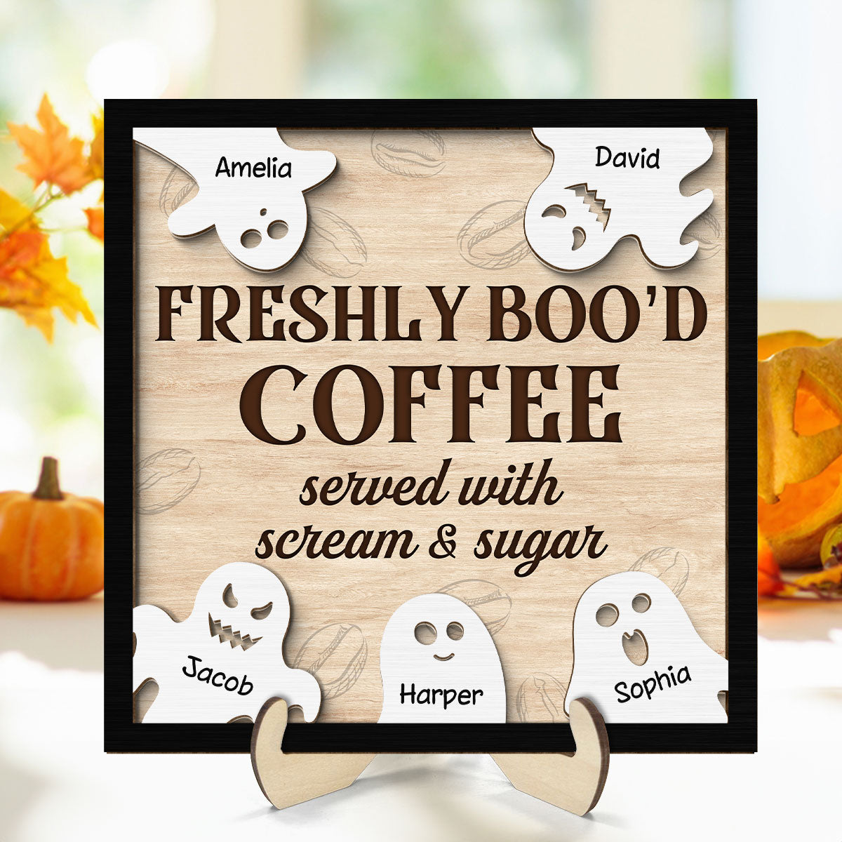 FRESHLY BOO'D COFFEE Ghost Family Personalized 2-Layer Wooden Plaque