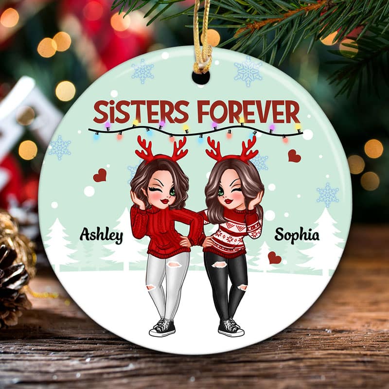 Best Friends Sisters Green Background Personalized Circle Ornament