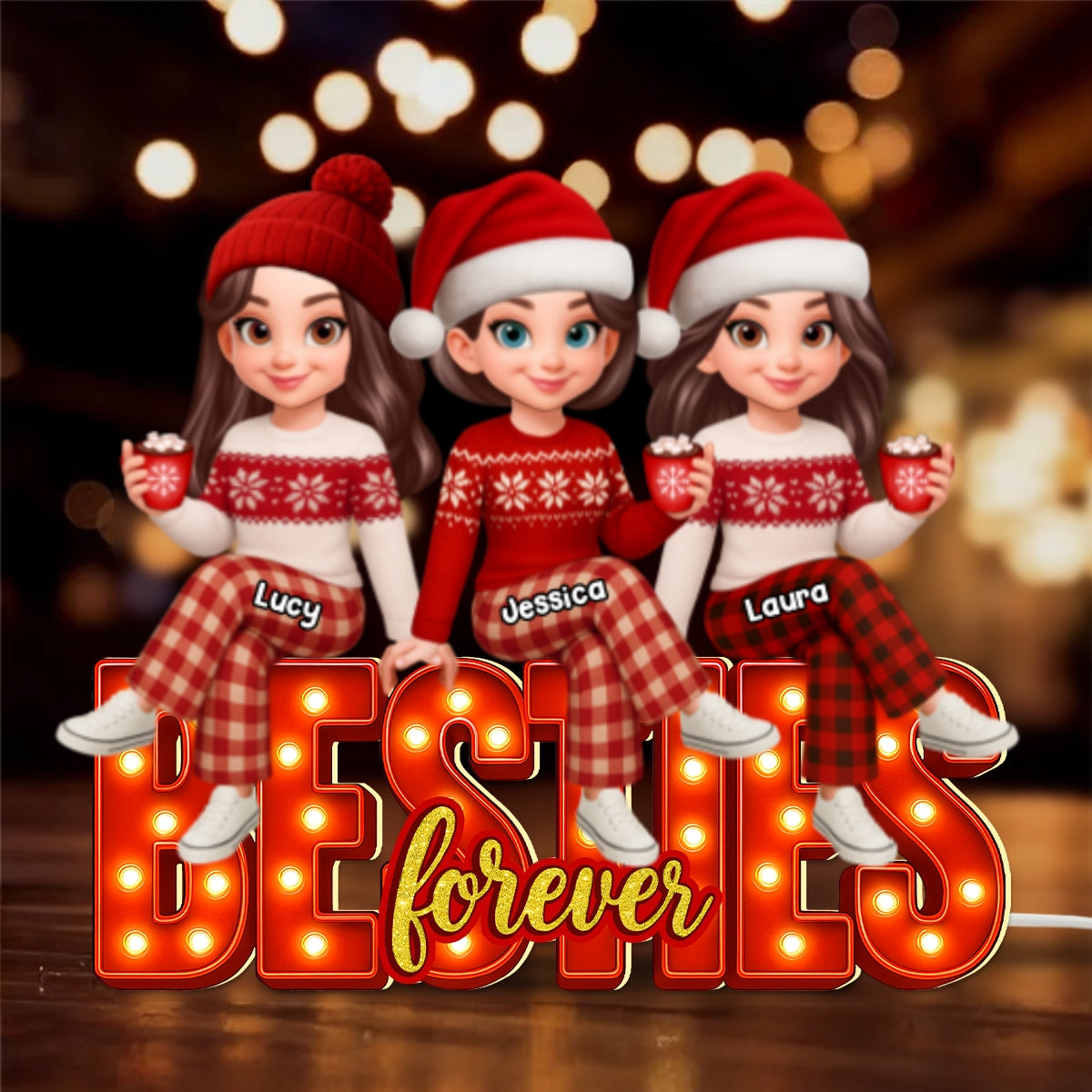 3D Effect Christmas Besties Forever - Personalized Light Box - Christmas Gift For Best Friends