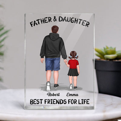 Dad And Kids Daughter Son Walking Best Friends Forever Personalized Vertical Rectangle Acrylic Block Plaque