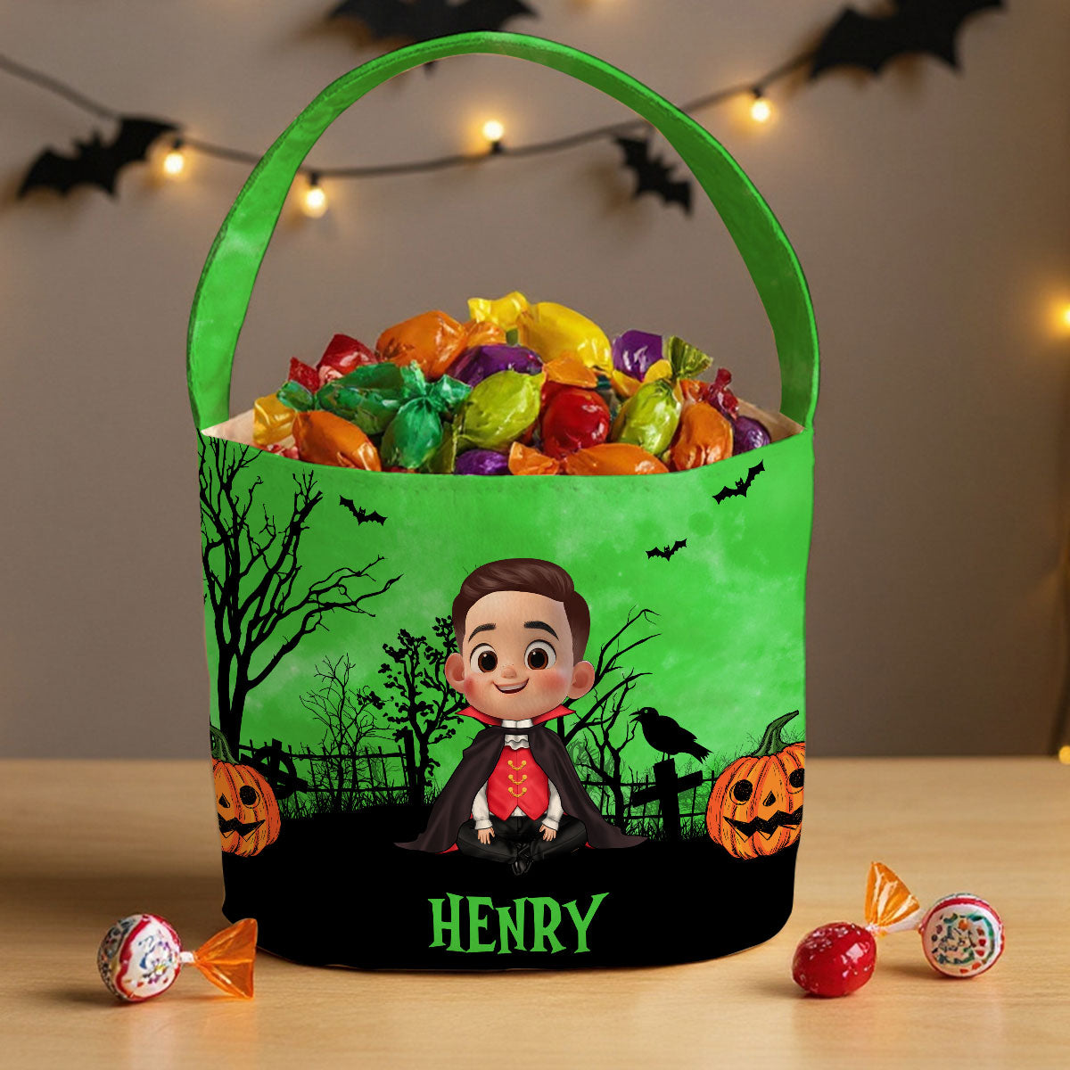Halloween 3D Background Cartoon Kids Personalized Trick or Treat Basket
