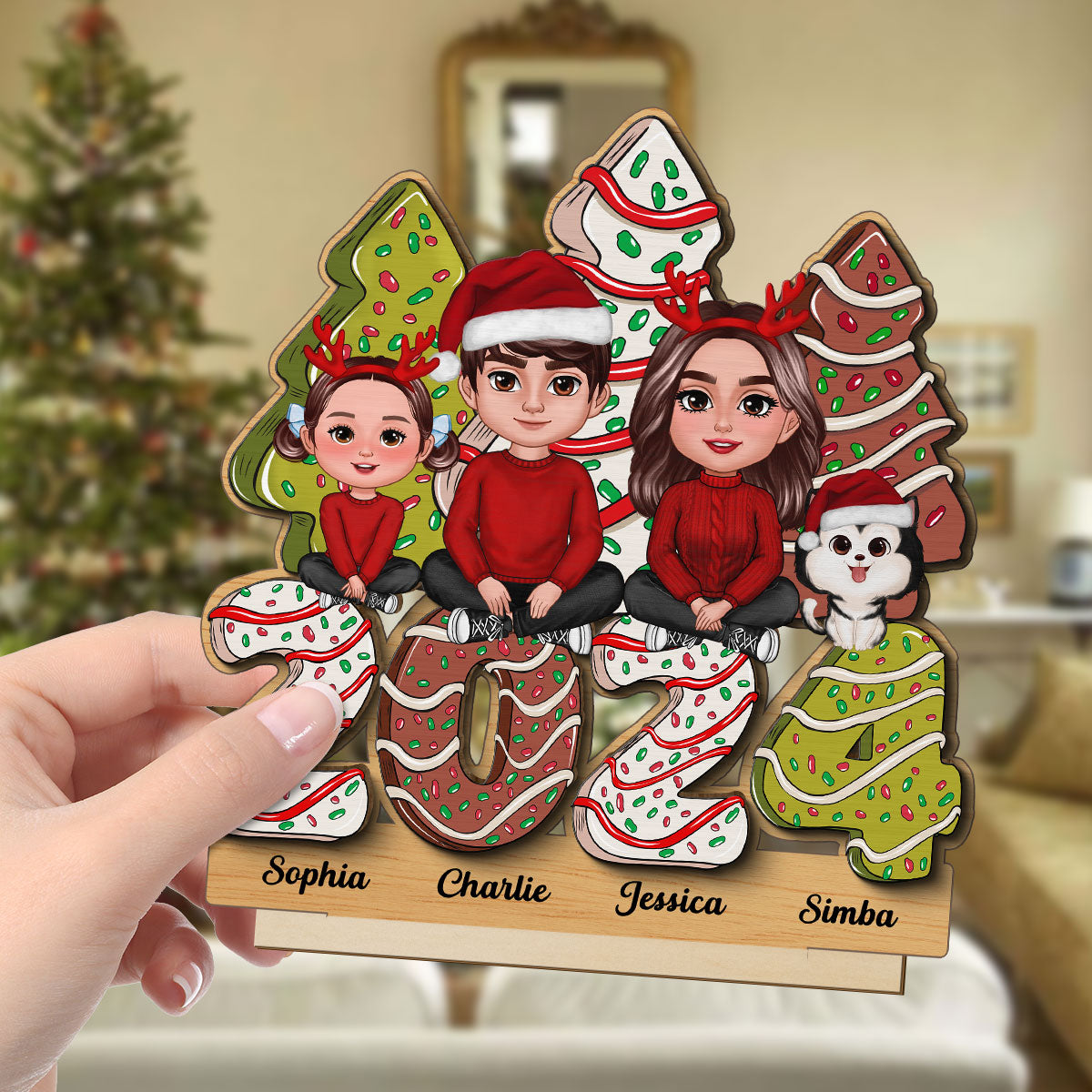 Family Crossed Legs Sitting Christmas Tree Cake Patterned Personalized 2-Layer Standing Wooden Plaque