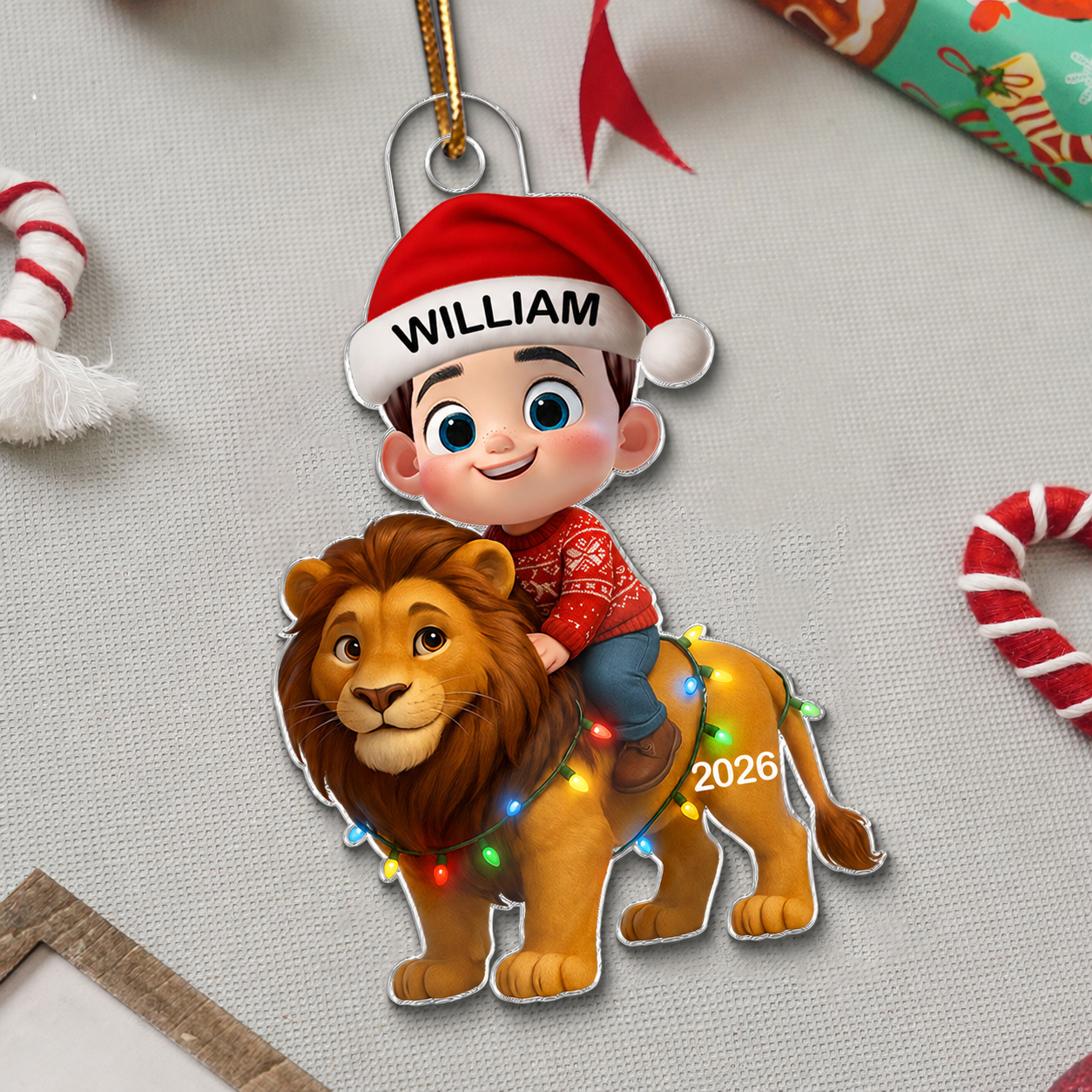 3D Effect Little Kid Jungle Safari Animals Lion Christmas Personalized Acrylic Ornament