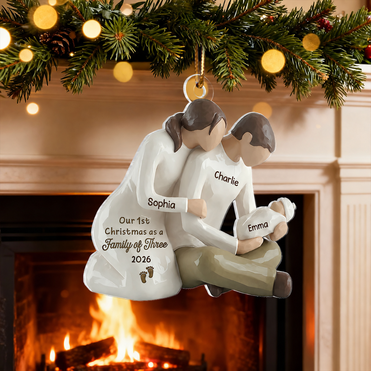 3D Effect First Christmas As Family Of Three Mom Dad Holding Baby - Personalized Acrylic Car Hanger