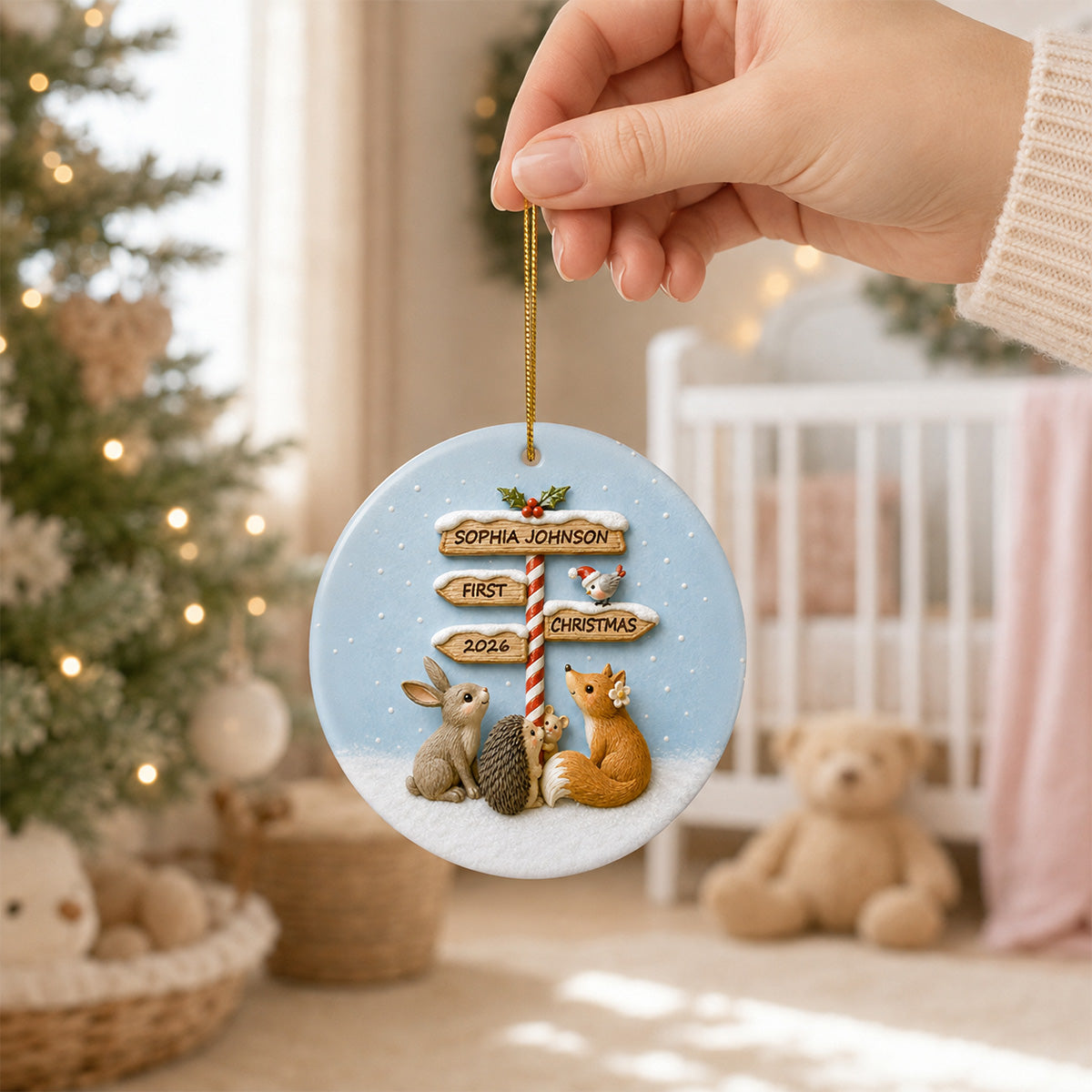 Baby's First Christmas North Pole Sign 2D Flat Printed - Personalized Ceramic Ornament - Baby's 1st Christmas Keepsake