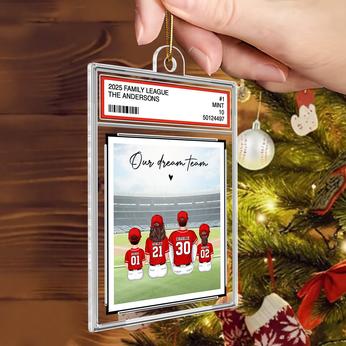 Baseball Family Sitting Couple & Kids Trading Card Style - Personalized Acrylic Ornament - Christmas Decor For Baseball Lovers