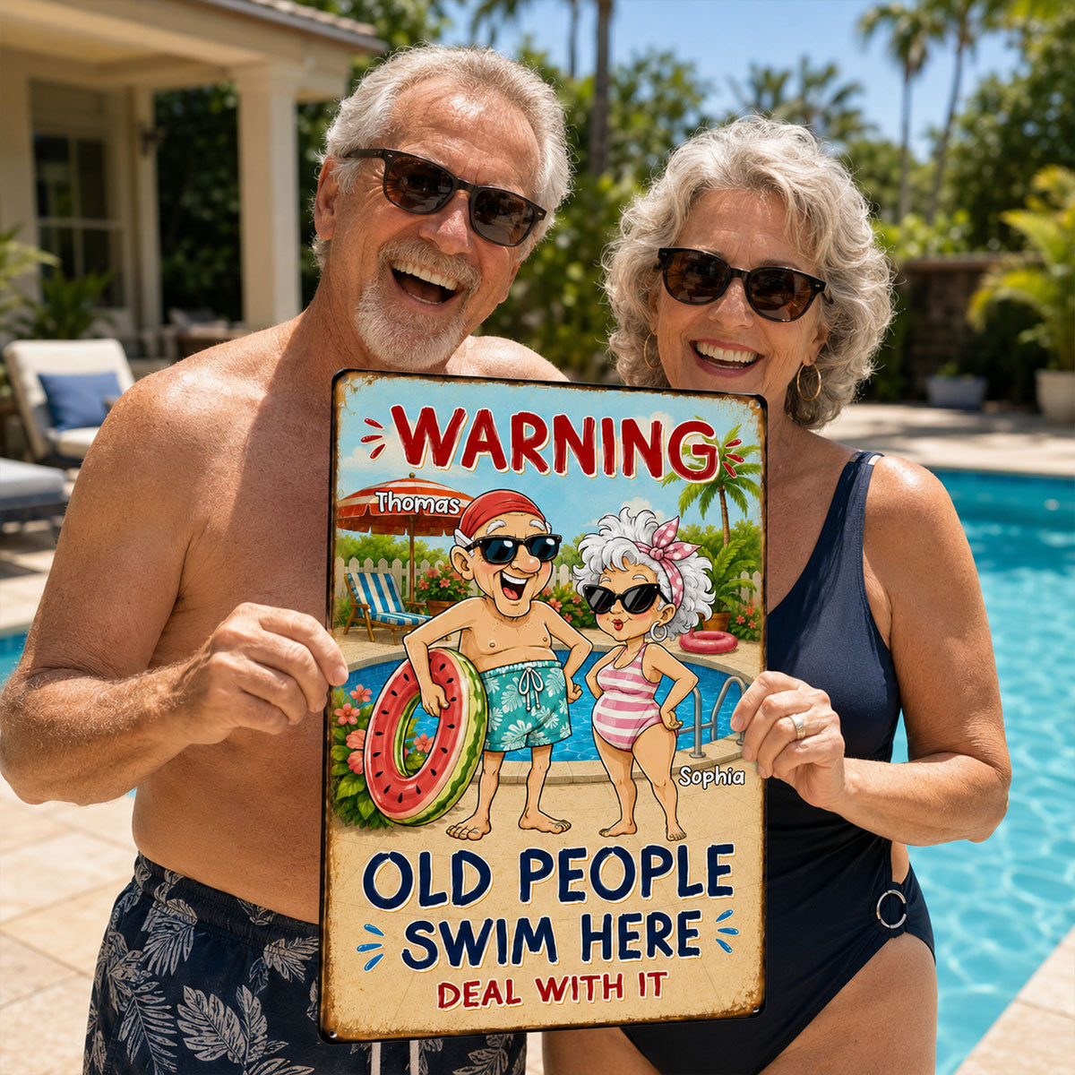 Warning Old People Swim Here Deal With It - Personalized Pool Metal Sign - Funny Vintage Rustic Wall Decor for Pool, Patio