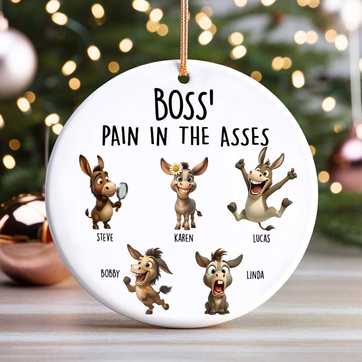 Boss Pain in the Asses, Funny Donkey Office Decoration - Personalized Ceramic Ornament - Custom Employee Gift Exchange, White Elephant Gift