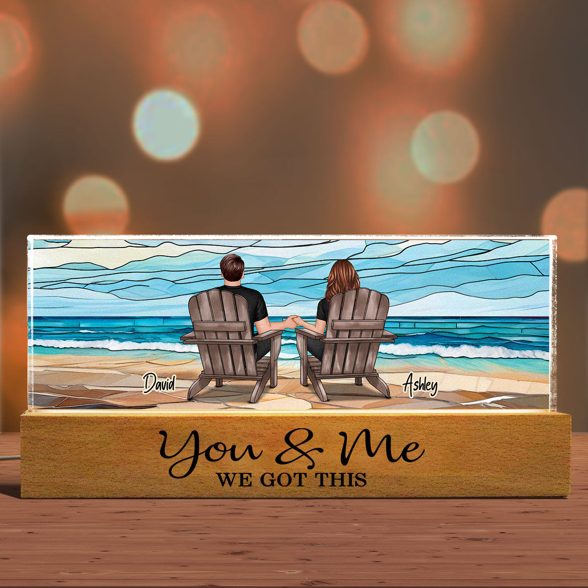 Couple Sitting At Beach Landscape Stained Glass Personalized Acrylic Block LED Night Light
