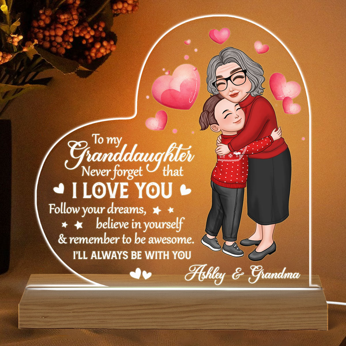 Grandma & Grandkid Hugging To My Granddaughter Grandson Personalized Heart Acrylic Plaque With LED Night Light