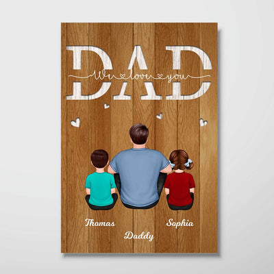Back View Dad And Kids Dogs Cats Sitting Personalized Poster, Gift For Dad, Husband