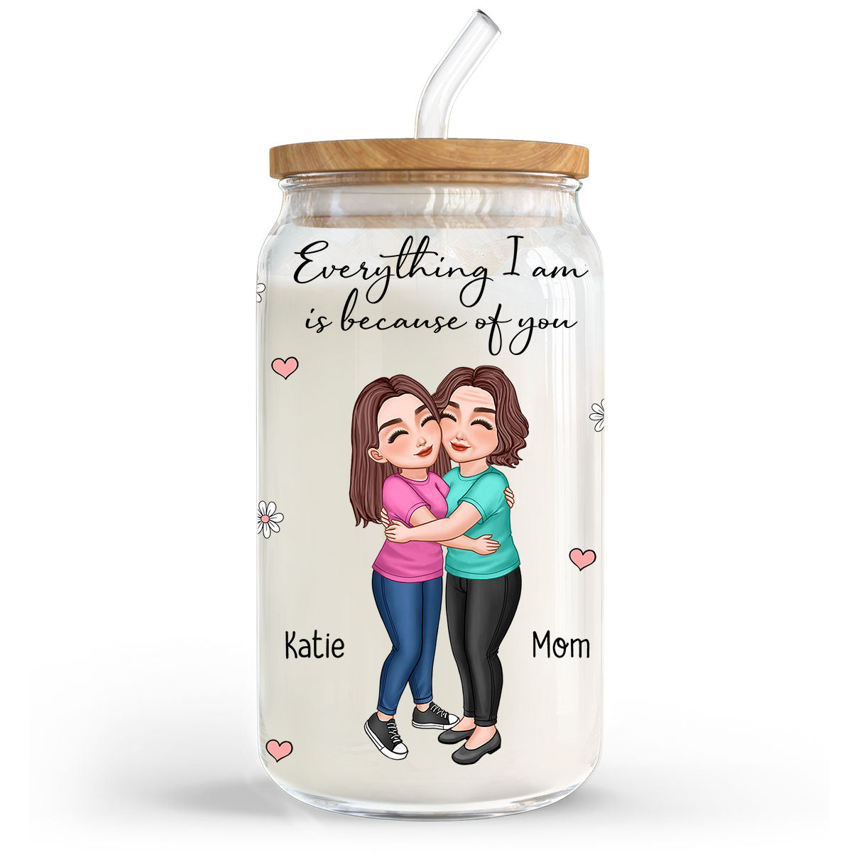 Everything I Am Is Because Of You Gift For Mom Personalized Clear Glass Can