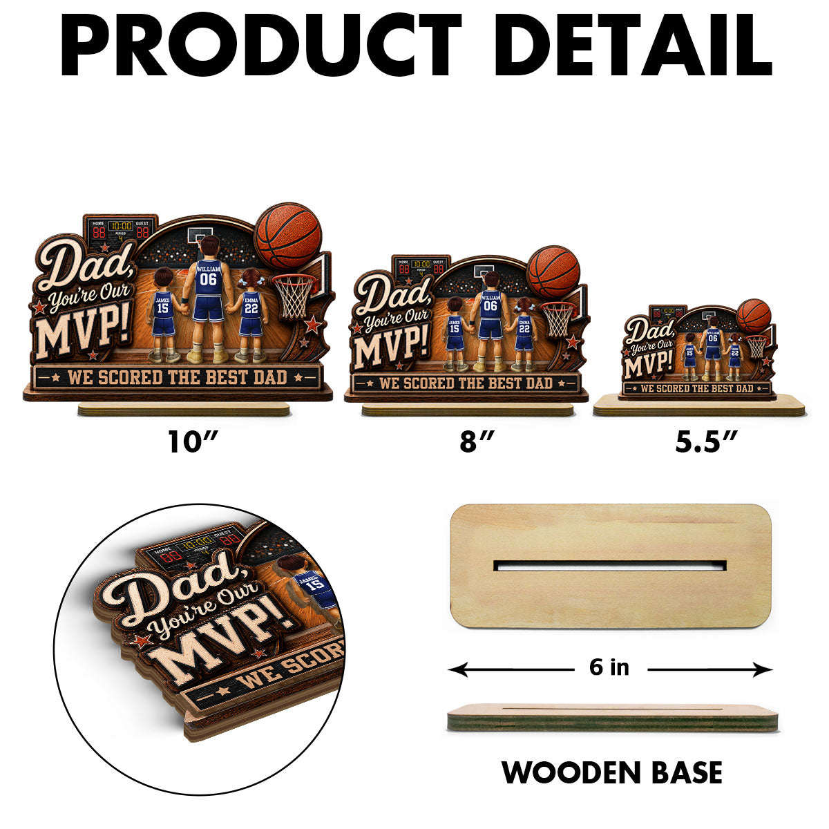 Dad You Are Our MVP Standing Basketball Man & Kids 2D Flat - Personalized 2-Layered Wooden Plaque - Father's Day Gift For Basketball Dad