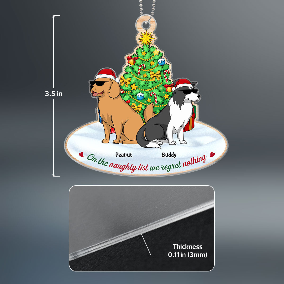 On The Naughty List We Regret Nothing Funny Cartoon Dogs Christmas Tree Personalized Acrylic Ornament