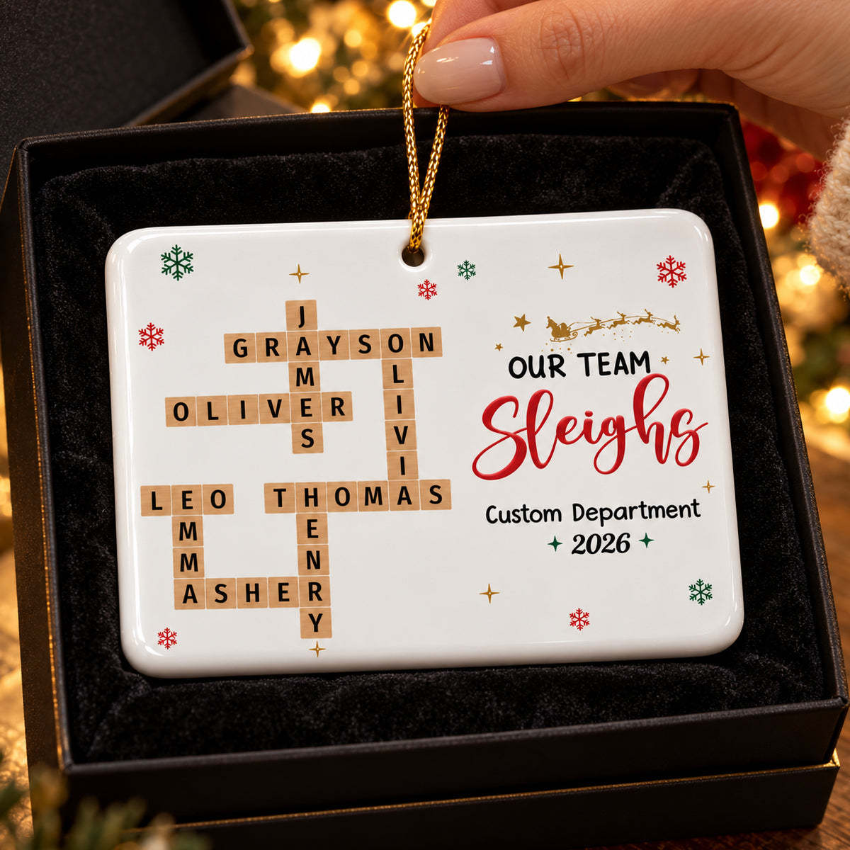 Our Team Sleighs Crossword Puzzle Art - Personalized Ceramic Ornament - Coworkers, Colleagues Gift Exchange