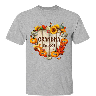 Fall Season Grandma Mom Wood Heart Sign Pumpkins Personalized Shirt
