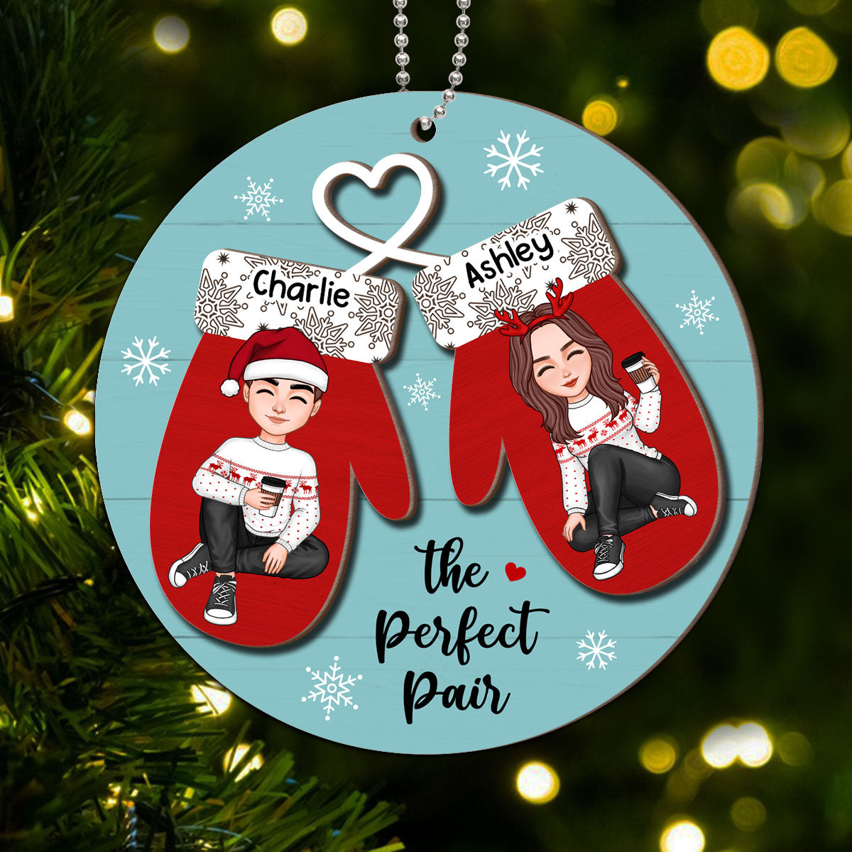 Perfect Pair Happy Christmas Couple Personalized 2-Layer Wooden Ornament