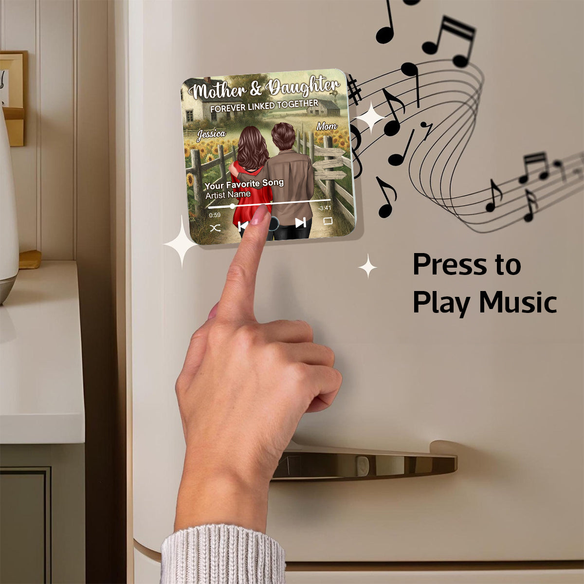 Mother & Daughter Forever Linked Together Personalized Music Fridge Magnet, Heartfelt Gift For Mom