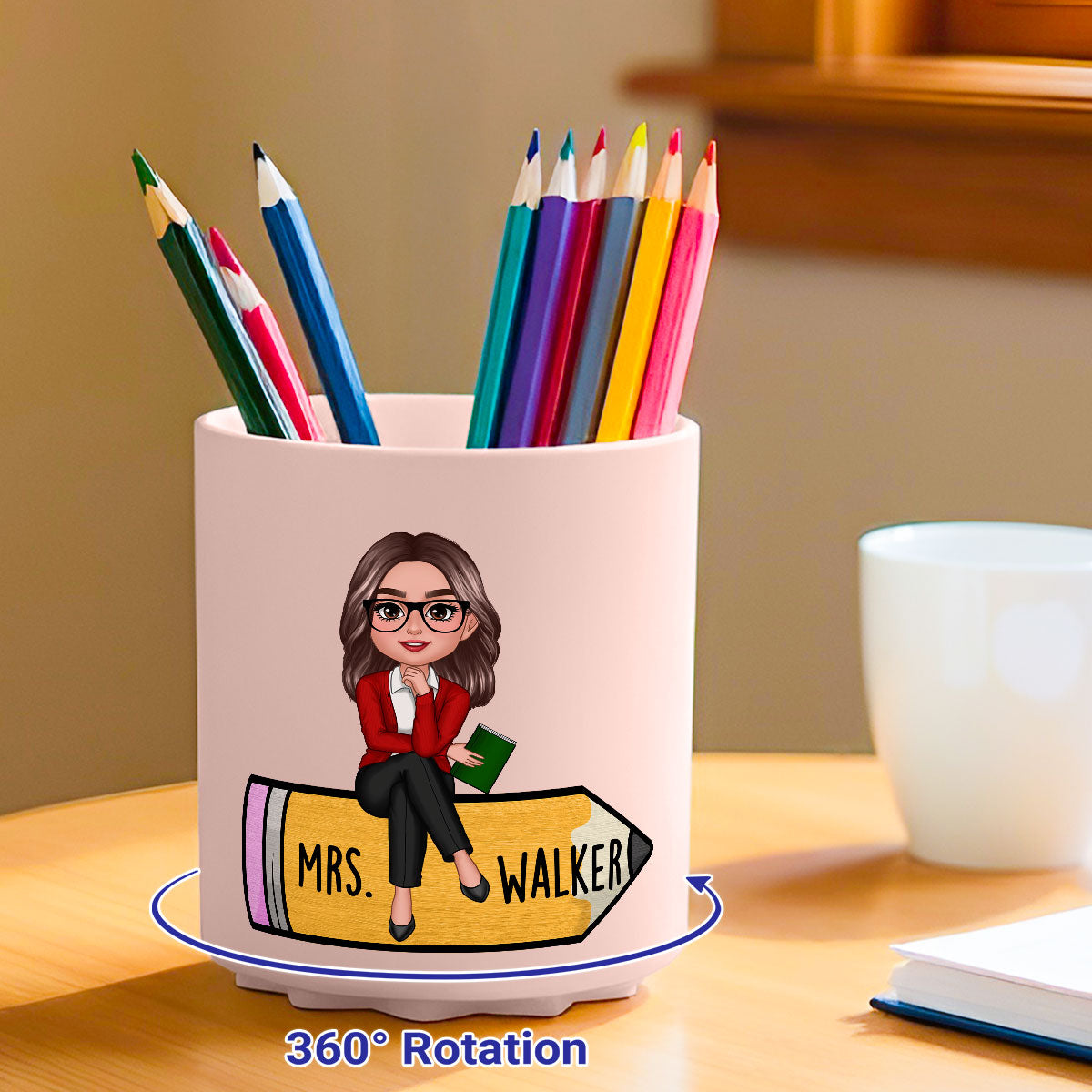 Teacher Sitting On Pencil Personalized Rotating Pen Holder, Back To School Gift, Teacher Appreciation Gift