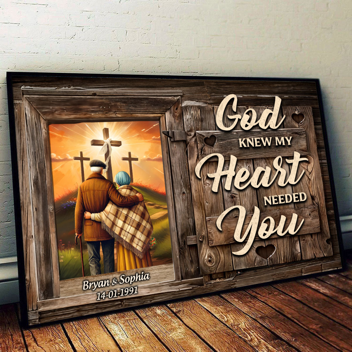 Cross God Knew My Heart Needed You Old Couple Walking Hugging Personalized Poster, Anniversary  Gift For Him, Her, Husband, Wife