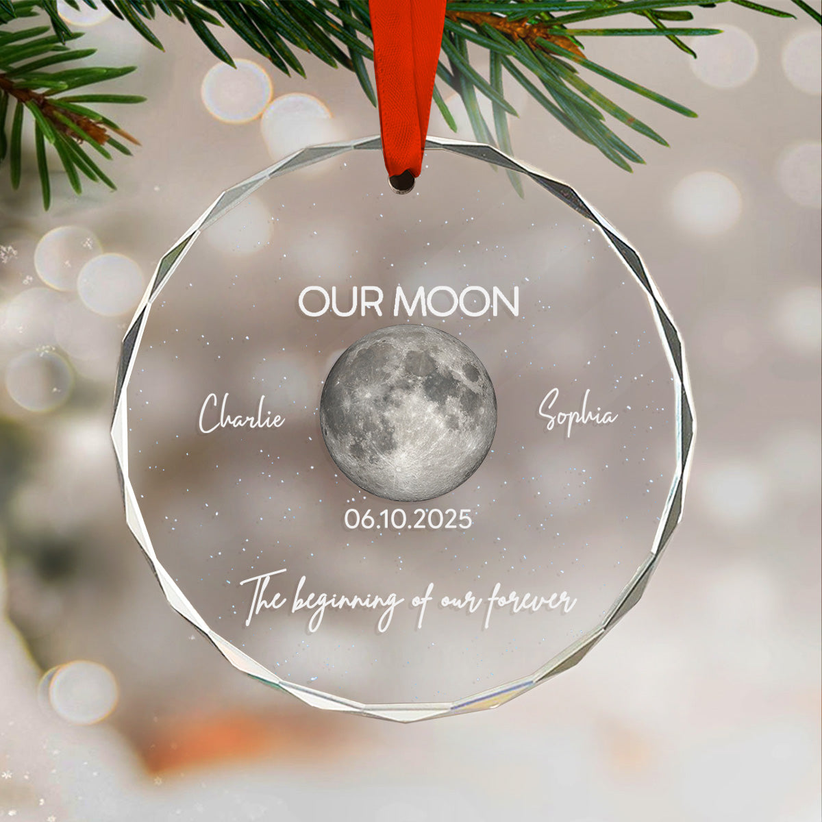 Moon Phase Couple The Beginning Of Our Forever - Personalized Glass Ornament - Gift For Couple