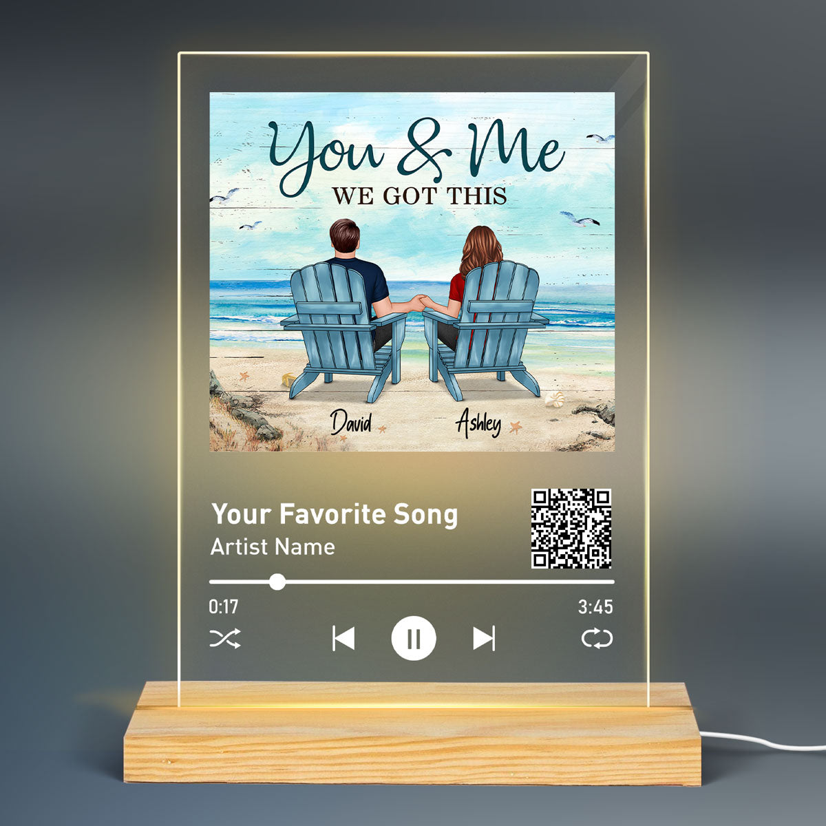 Back View Couple Sitting Beach Landscape Favorite Song Scannable QR Code Gift For Him For Her Personalized Rectangle Acrylic Plaque LED Night Light