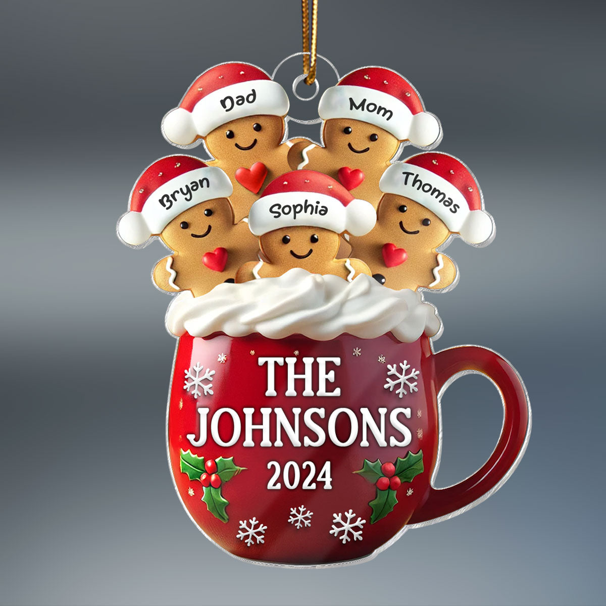 3D Effect Gingerbread Family In Hot Cocoa Christmas Decor Personalized Acrylic Ornament