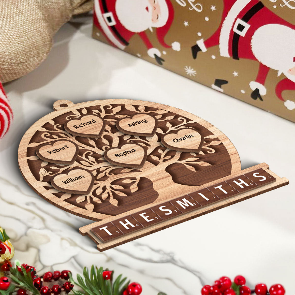 Family Heart Tree Of Life 2-Layered Wooden Ornament, Personalized Family Crossword 2-Layered Wooden Ornament