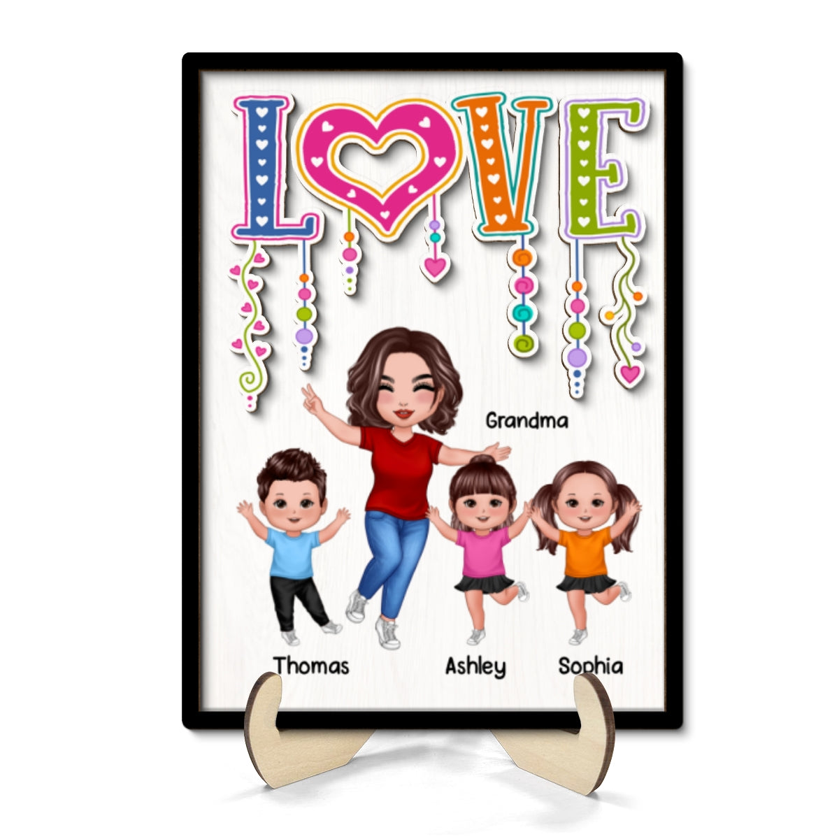 LOVE Happy Doll Grandma Mom With Kids Personalized 2-Layer Wooden Plaque