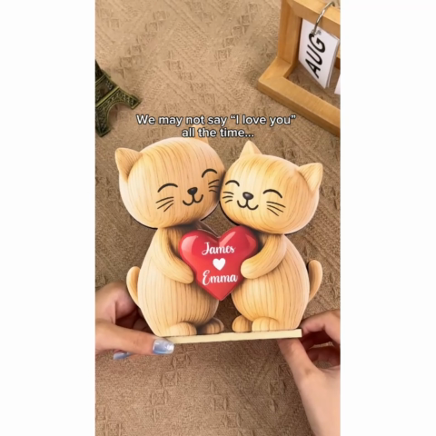 3D Effect Cat Couple Love Personalized Flat Standing Wooden Plaque| Heartfelt Birthday Gift, Anniversary Gift for Couple