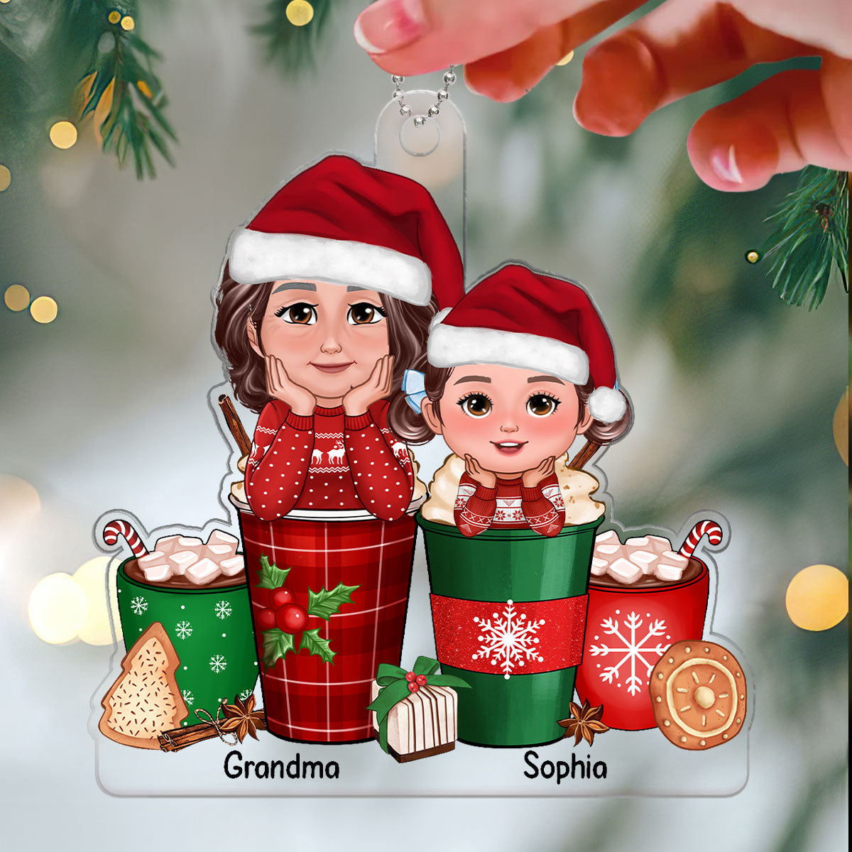 Grandma Grandkids On Christmas Coffee Cups Personalized Acrylic Ornament