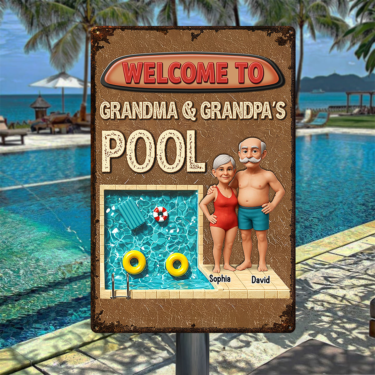 3D Effect Welcome To Grandma Grandpa Pool Personalized Metal Sign