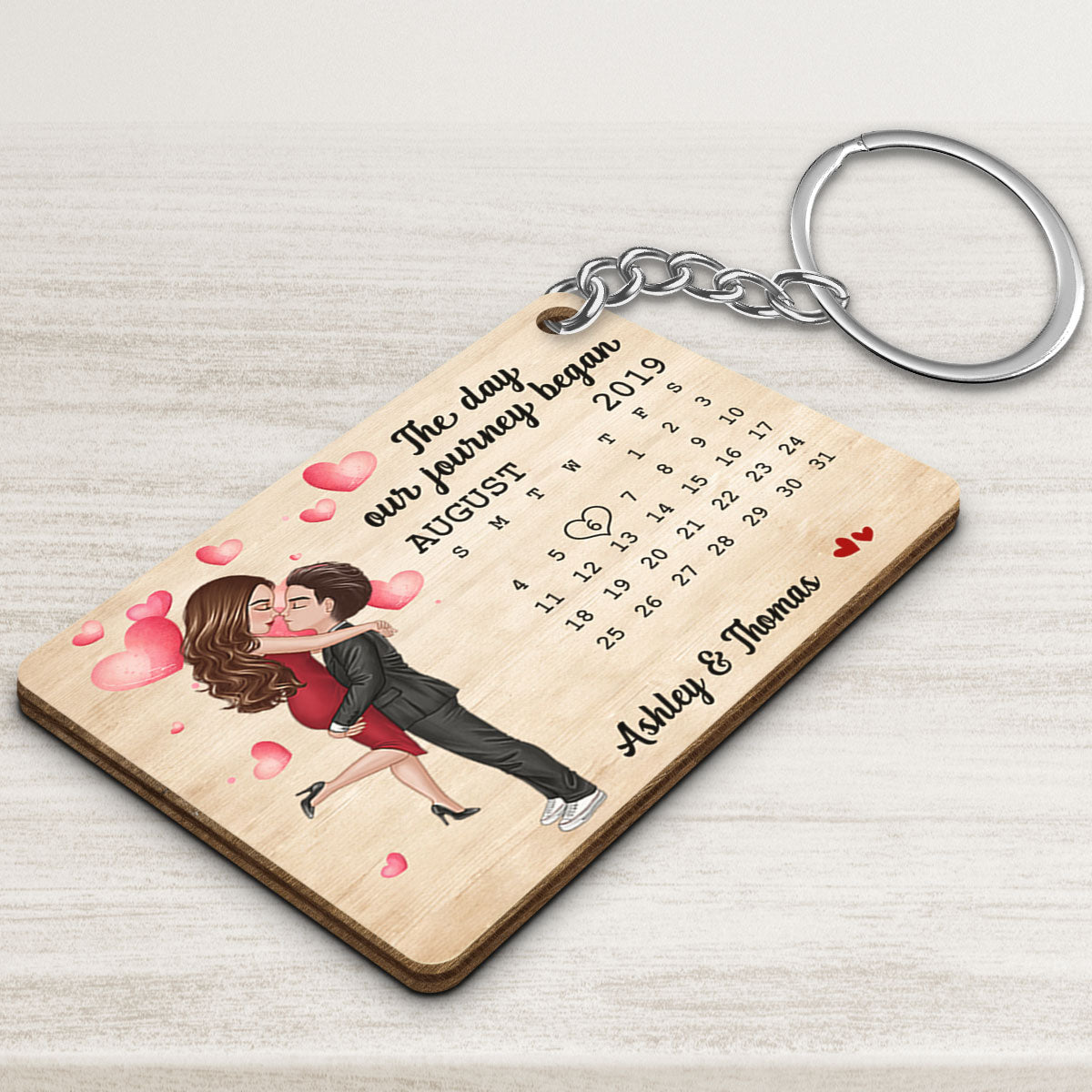 Doll Couple Hugging Kissing Calendar Anniversary Date Personalized Wooden Keychain